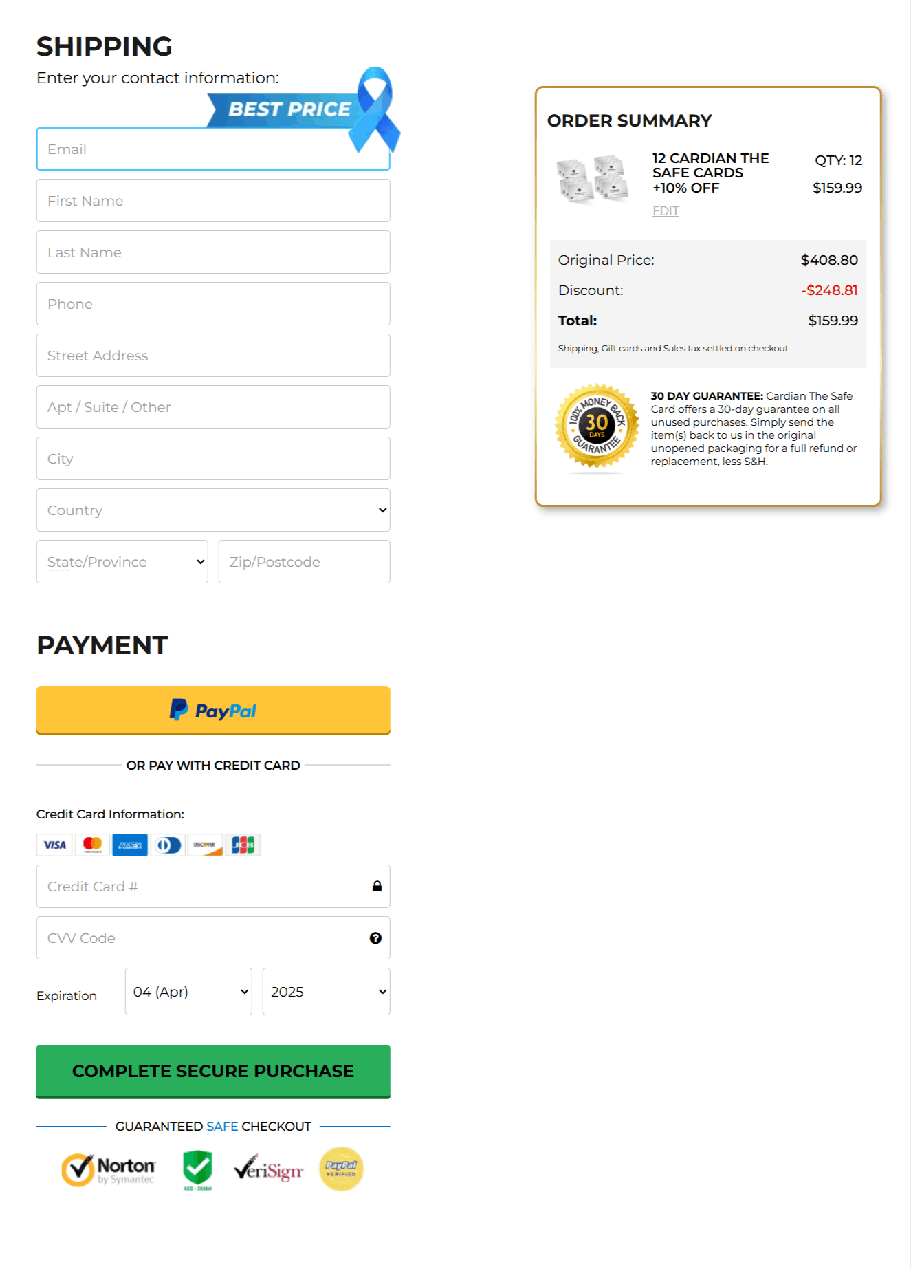 Cardian the Safecard checkout page